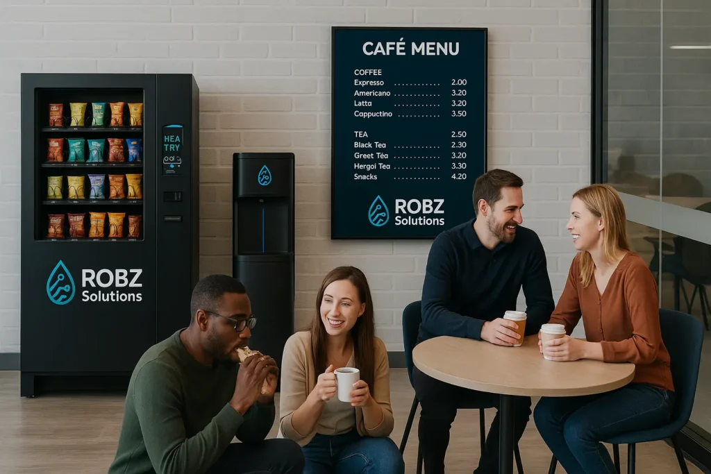 Four people enjoying coffee in a breakroom with a ROBZ Solutions vending machine, water dispenser, and digital café menu