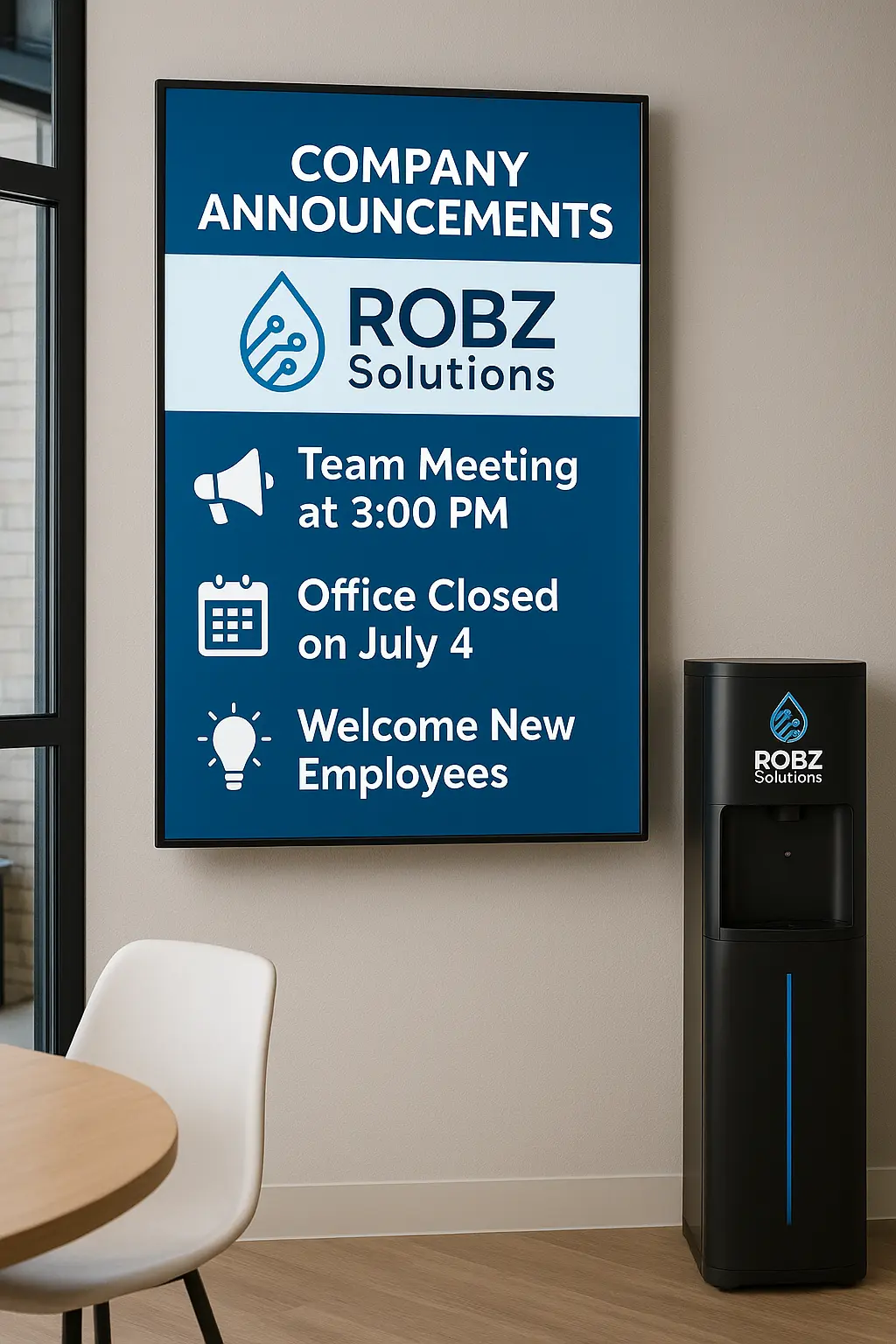 Digital signage displaying company announcements beside a ROBZ Solutions water dispenser