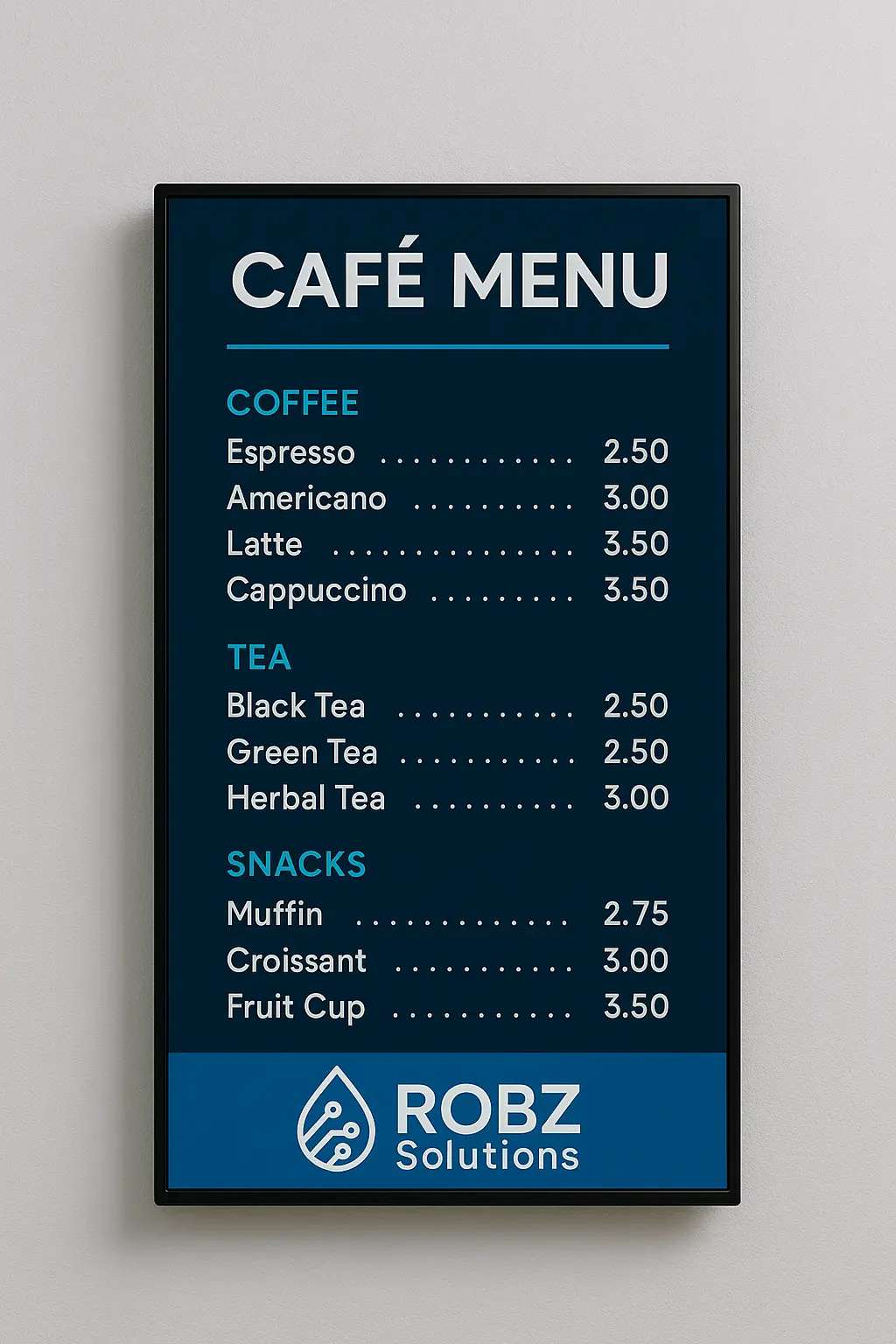 ROBZ Solutions café menu displaying coffee, tea, and snack prices