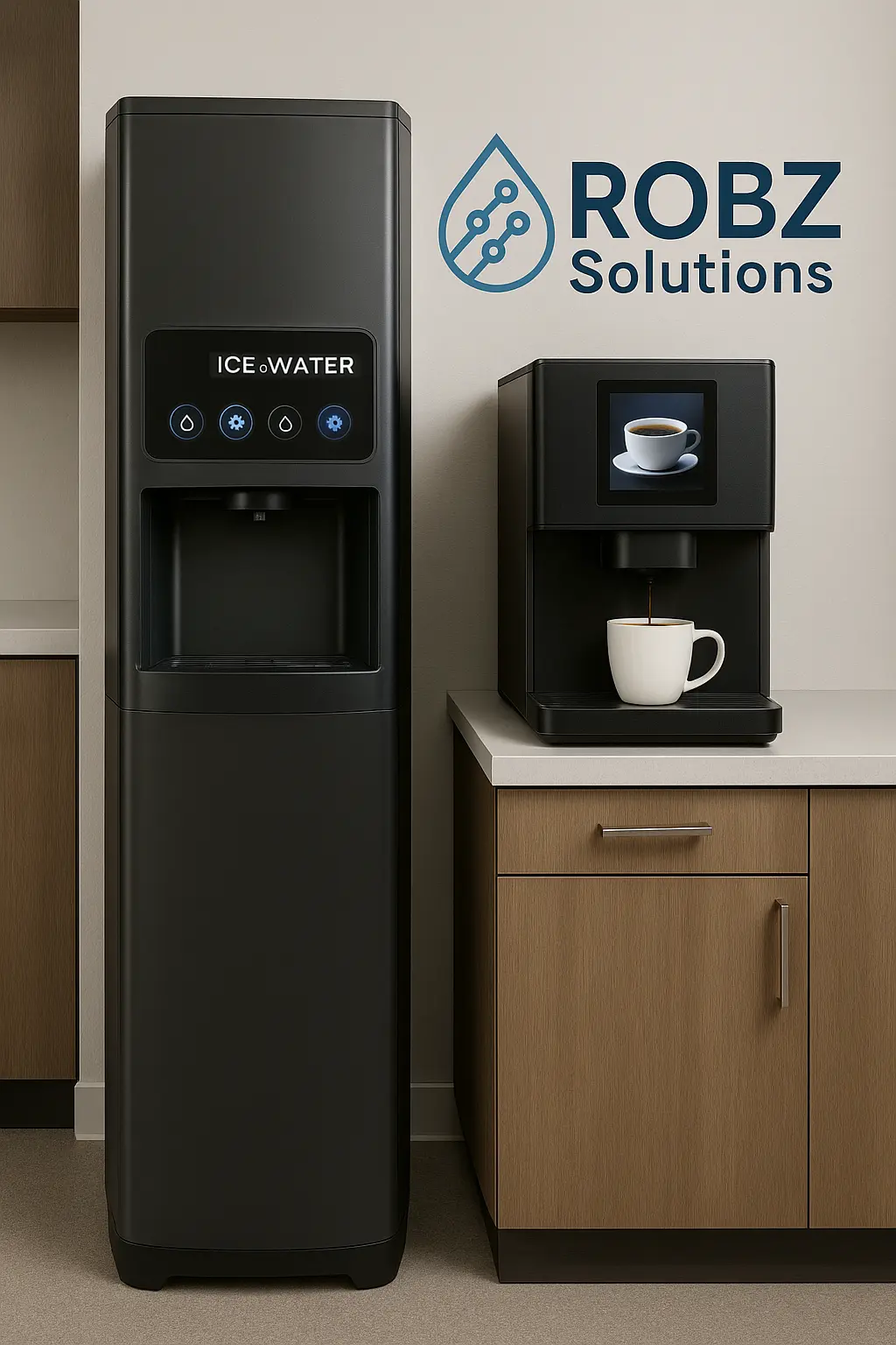 Ice and water dispenser with coffee machine branded by ROBZ Solutions