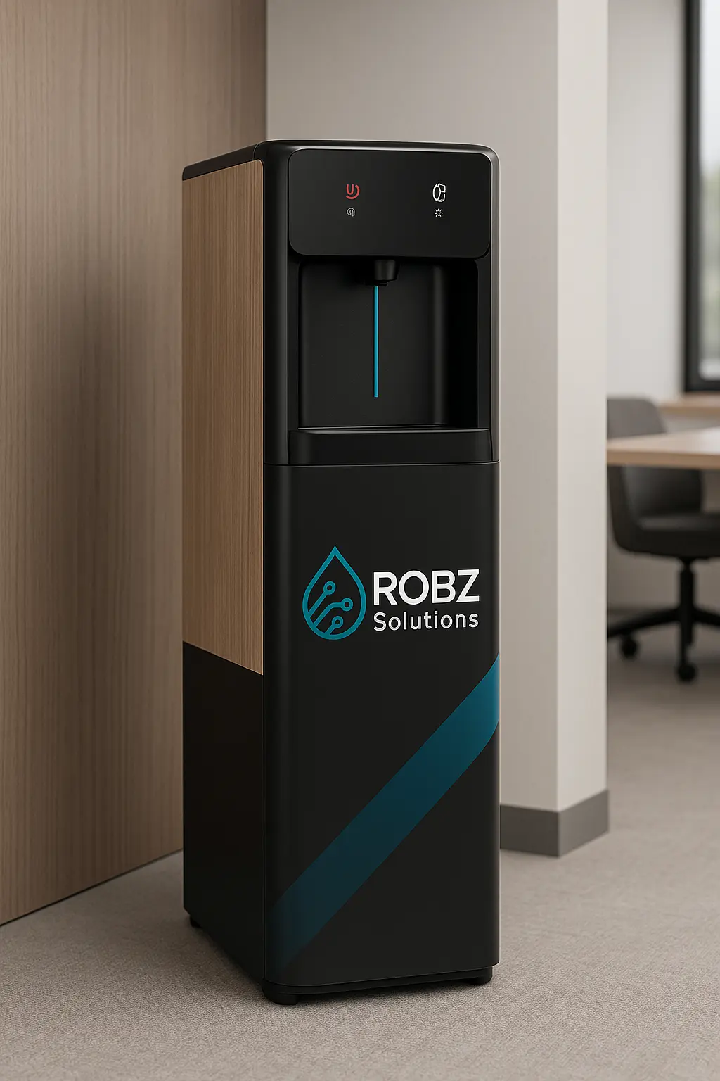 Water dispenser with ROBZ Solutions logo in an office corner